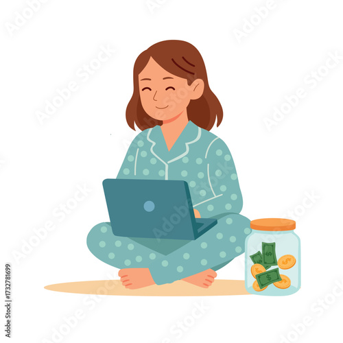 Woman sitting cross legged in pajamas with laptop and money jar flat style illustration isolated on white background
