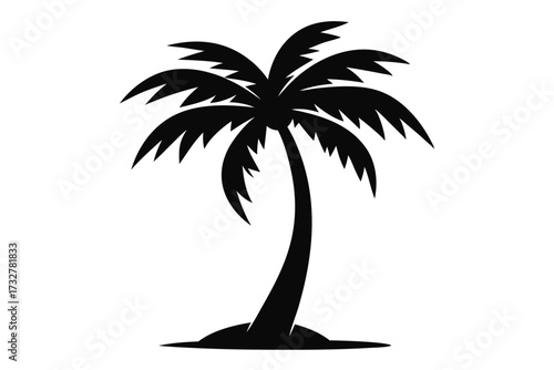 Black silhouette of single tropical palm tree with leaves isolated on white background