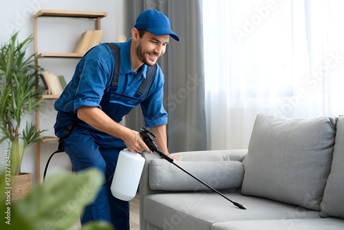 A smiling professional technician in a blue uniform performing pest control or disinfection service on a grey sofa in a modern living room.