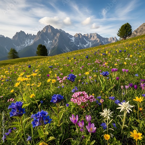 Colorful Alpine Meadow with Mountains.