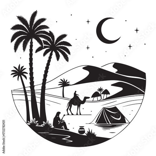 A serene desert oasis isolated on white background, featuring palm trees, a camel caravan, a tent, and a crescent moon, capturing the tranquility and beauty of the arid landscape