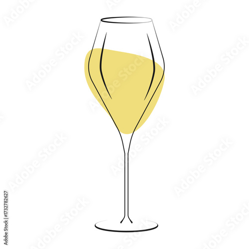 Outline Elegant Stemmed Wine Glass and Spot as White Wine. Sticker Icon Pictogram Minimalist Design
