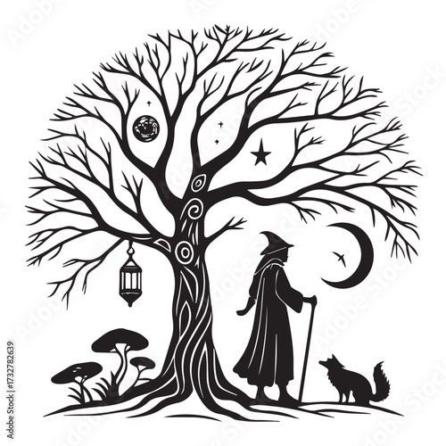 A serene wizard scene isolated on white background features a wizard with a staff under a tree, accompanied by a fox, with celestial elements like the moon and stars