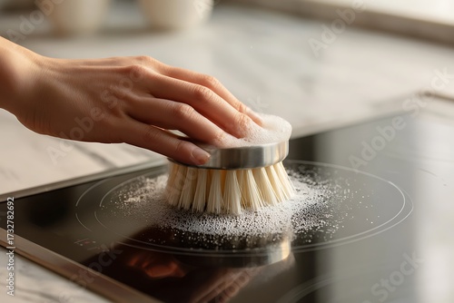 A close-up shot of a hand diligently scrubbing a modern black induction cooktop with a cleaning brush and soap foam.