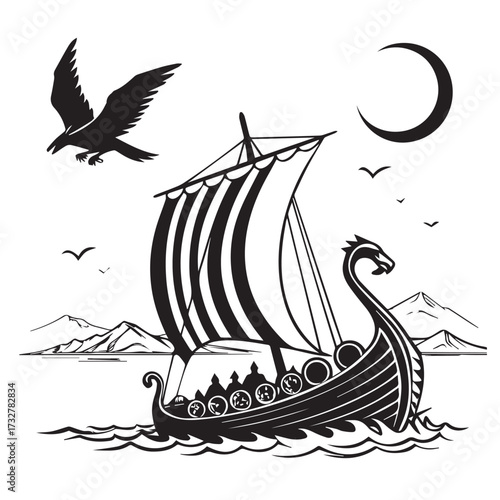 A viking ship sailing on the sea under the crescent moon, with a raven flying overhead isolated on white background, evoking a sense of adventure and exploration