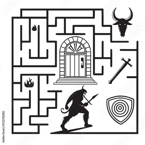 A labyrinth with a minotaur, sword, and shield, challenging the viewer to find the exit, isolated on white background a maze of mythical proportions awaits