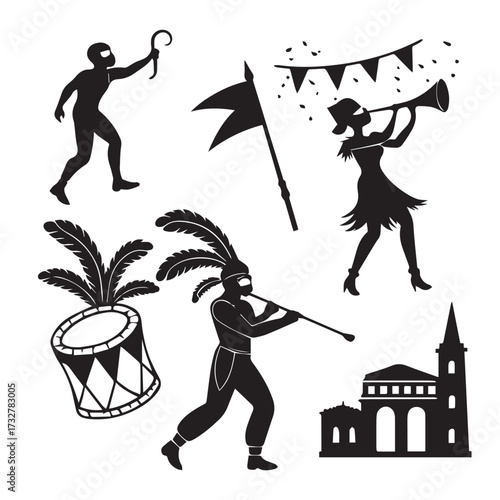 Silhouettes of carnival performers celebrating with music, dance, and festive decorations, featuring musicians with instruments, dancers, flags, and a building, isolated on white background