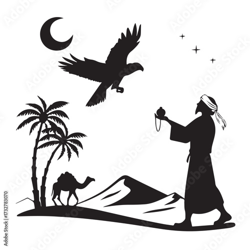An evocative desert scene features a falconer with his bird, a camel, and palm trees under a crescent moon, isolated on white background the silhouette captures the essence of arabian culture