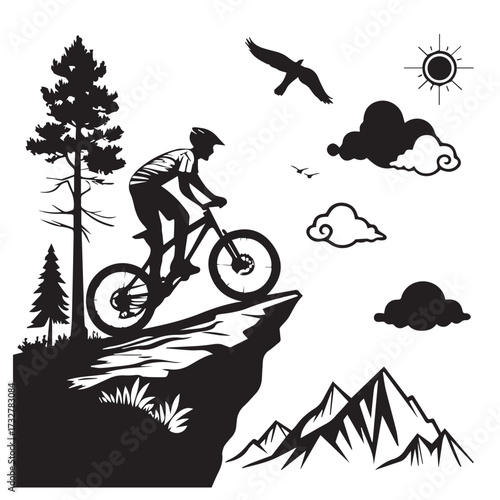 A mountain biker rides on a cliff edge with trees, mountains, clouds, sun and birds in the background, isolated on white background, capturing the thrill of outdoor adventure