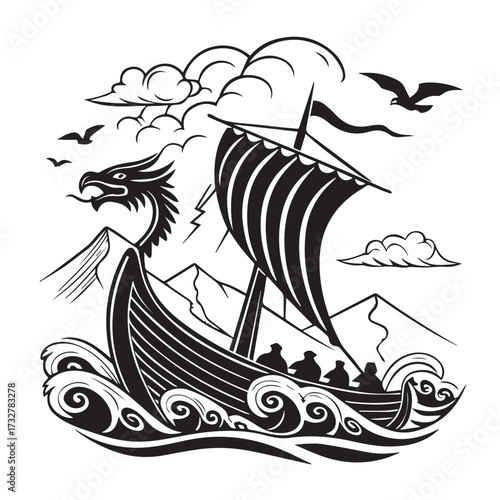 A majestic viking longship sails through stormy seas, adorned with a dragon head and billowing sail, against a backdrop of mountains and dramatic clouds, isolated on white background