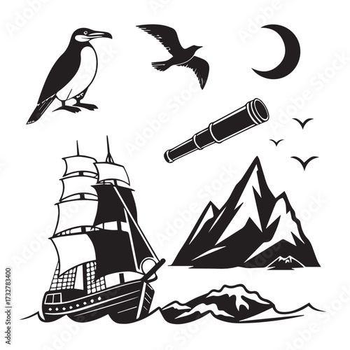 A nauticalthemed black and white silhouette illustration featuring a ship, bird, telescope, moon, and mountain range, evoking a sense of adventure and exploration, isolated on white background