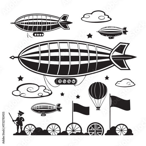 A whimsical collection of airships, balloons, and trains float in the sky, isolated on white background, creating a vintage steampunk scene with flags, clouds, and a conductor
