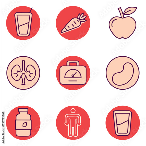 Health icons drink apple carrot kidney scale pill person vector