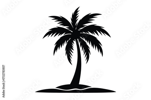 Single black palm tree stands silhouetted upon the ground over pure white background