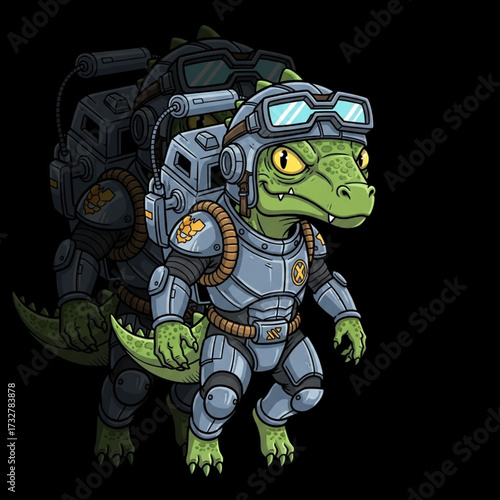 Reptilian Pilot Mascot with Goggles and Exo-Pack Floating in Zero Gravity – Stylized Cartoon Lizard Character Design