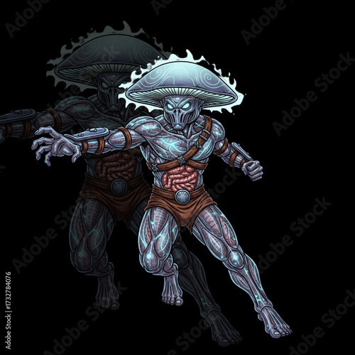 Alien Gladiator with Translucent Skin and Glowing Mushroom Helmet – Sci-Fi Aggressive Charge Character Art