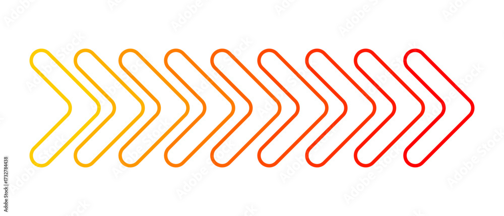 Obraz premium Round-cornered chevron arrow outline path in gradient red and yellow, modern dynamic motion graphic for design use.