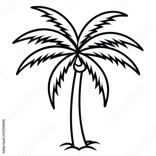 Solitary line art coconut palm showcases distinctive fronds and textured trunk