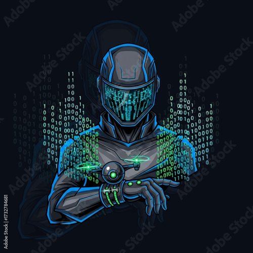 Hacker Mascot with Binary Aura and LED Face Plate Holding Drone in Futuristic Vector Design