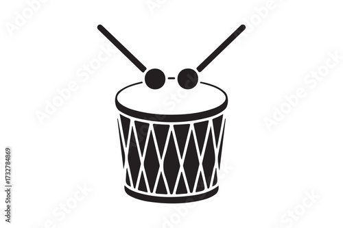 Black and white illustration of a drum with drumsticks
