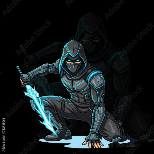 Street Ninja with Energy Blade and Neon Stealth Suit in Crouched Esport Cartoon Vector