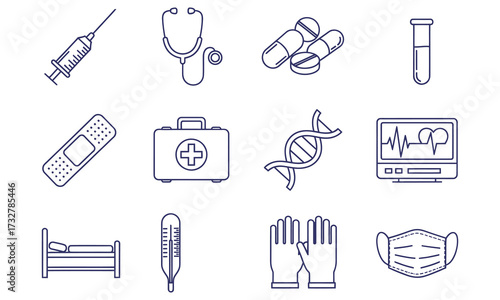 Medical icons syringe stethoscope pills test tube health care