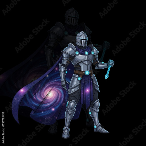 Time Travel Knight with Galaxy Cape and Neon Clock Weapon in Futuristic Armor Vector