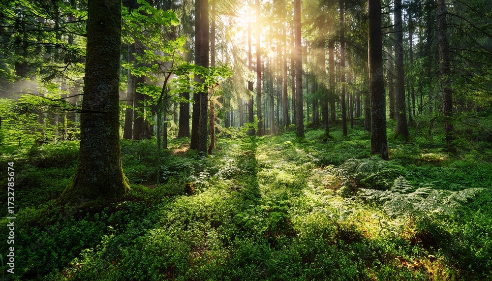 Naklejka premium Deep Forest With Lush Green Plants Enlightened By Mysterious Light And Flares