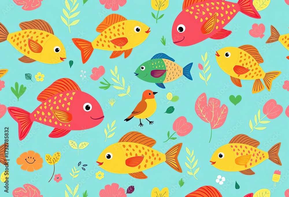 Naklejka premium Vibrant seamless pattern featuring cartoon fish and birds in a playful, nature-inspired design, nature, artwork