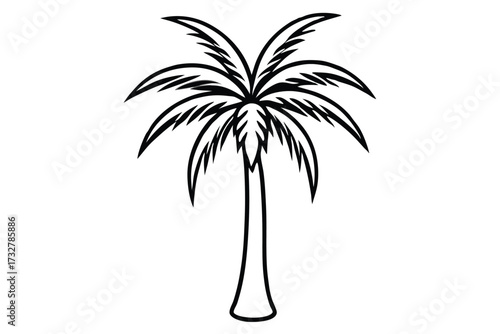 Solitary palm tree silhouette with curving fronds presents a minimalist black and white appearance