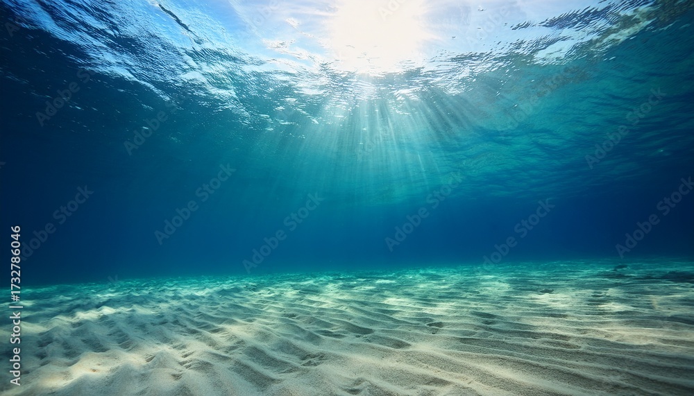Fototapeta premium Tranquil Underwater Seascape With Sunlight Rays And Sandy Ocean Floor