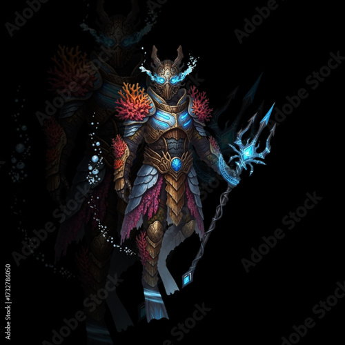 Underwater Diver Warrior with Coral Armor and Ancient Mask in Mystical Aquatic Fantasy Vector