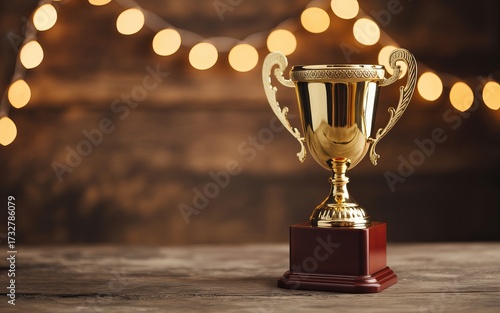 Golden trophy with bokeh lights celebrating victory achievement and success on wooden surface