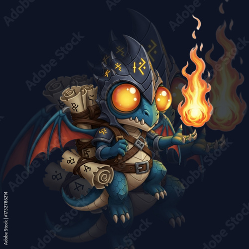 Baby Dragon Mascot with Scrolls and Flame – Cartoon Fantasy Creature in Magical Gear