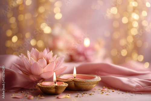 Glowing Diwali diya candles with lotus flower on pink silk fabric, golden festive bokeh lights, luxury Hindu festival of lights decoration for greeting cards, banners, posters, social media with copy 