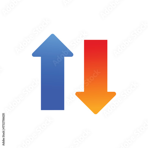 Blue upward and downward arrow vector design symbolizing market changes, decision making, growth and decline, success and failure, business navigation, and performance analytics.