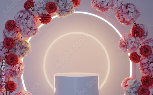Elegant floral archway with circular neon light for romantic event decor and product display