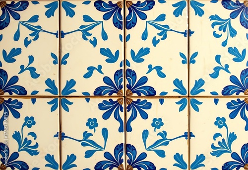 Hand-painted square azulejo tile, vibrant blue and white floral pattern, bright, hand-painted