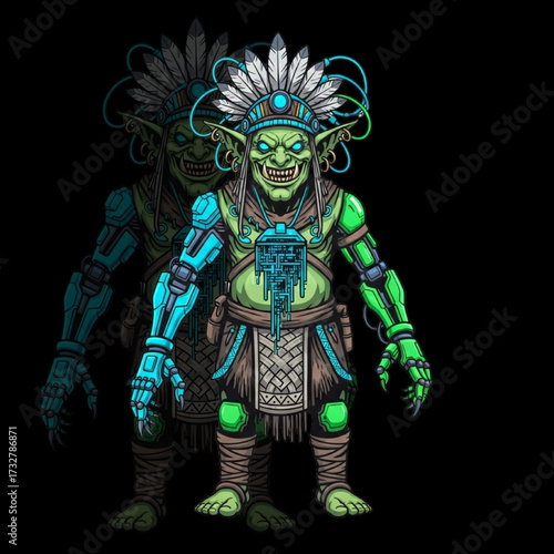 Goblin Cyber Shaman with Neon Prosthetics and Data Pendant – Futuristic Tribal Vector Character Design