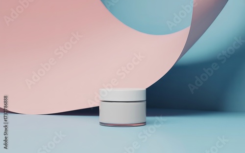 Minimalist clean cosmetic cream jar centerpiece against abstract pastel paper swirls backdrop