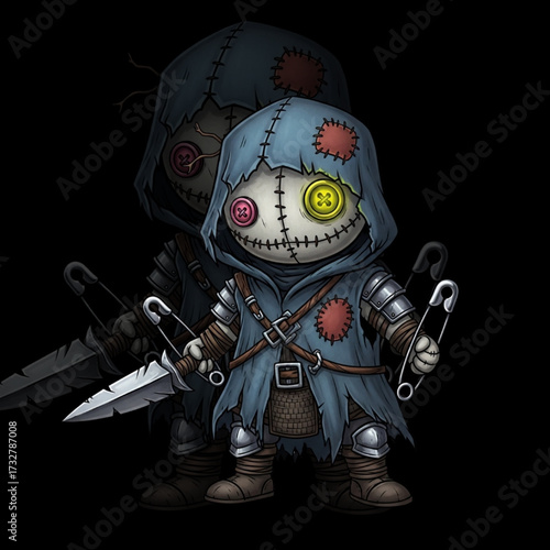 Stitched Doll Warrior with Safety Pin Weapons and Glowing Button Eye – Voodoo-Inspired Spooky Fun Character Design