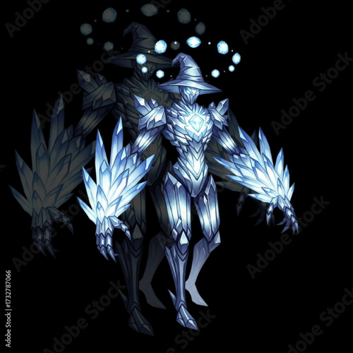 Crystal Wizard Golem with Glowing Shard Arms and Floating Gems – Elegant Fantasy Pose on White Background