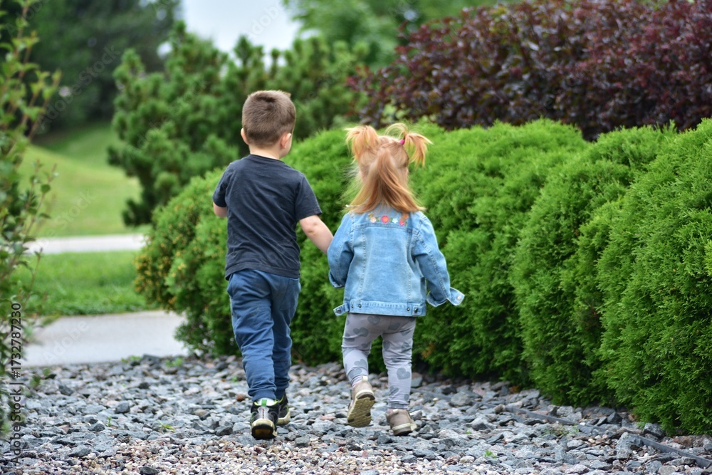 Fototapeta premium Adorable toddler girl with red hair holding hands with little boy as they walk together on gravel path by green bushes. Cute siblings enjoying friendship, bonding, and carefree childhood outdoors.