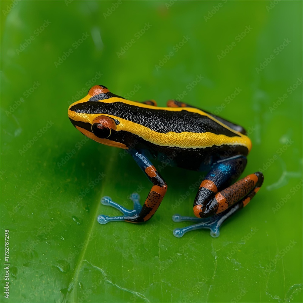 Obraz premium A poisonous colored frog (dendrobatide) on bright green leaf