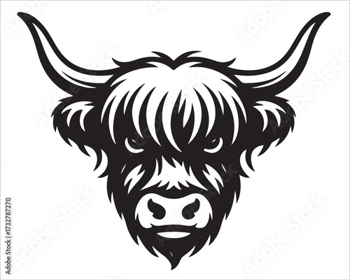 Vector illustration of bull head silhouette with long horns and shaggy hair, strong animal face design template for mascot, logo, tattoo, emblem, agriculture, ranch, power, and wildlife concept