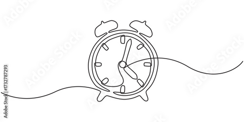 Single continuous line drawing of an alarm clock, Clock with arrow. One thin line continuous symbol, Continuous one line drawing of vintage alarm clock. Vector Illustration.