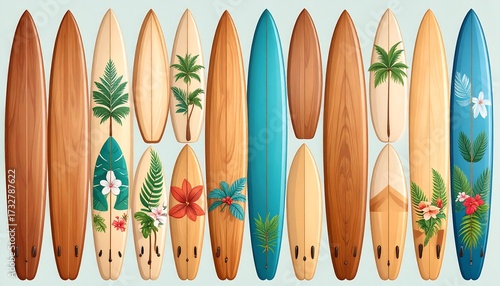 A collection of vibrantly illustrated surfboards, showcasing diverse wood grains and colorful tropical artwork designs