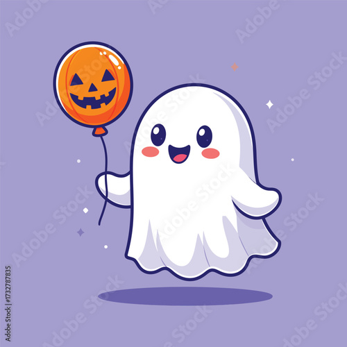 Cute ghost holding pumpkin balloon cartoon vector icon illustration people holiday isolated flat