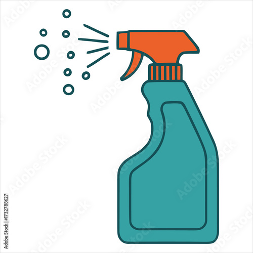 Teal spray bottle with orange nozzle spraying bubbles cleaning liquid