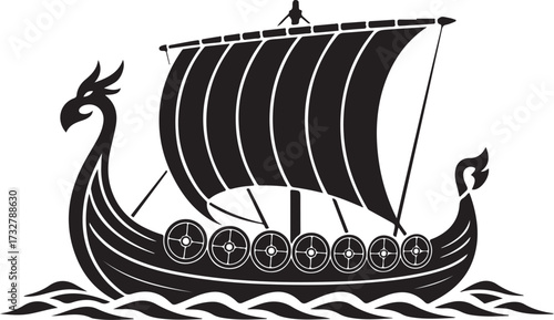 Viking longship silhouette with dragon head prow and striped sail vector illustration